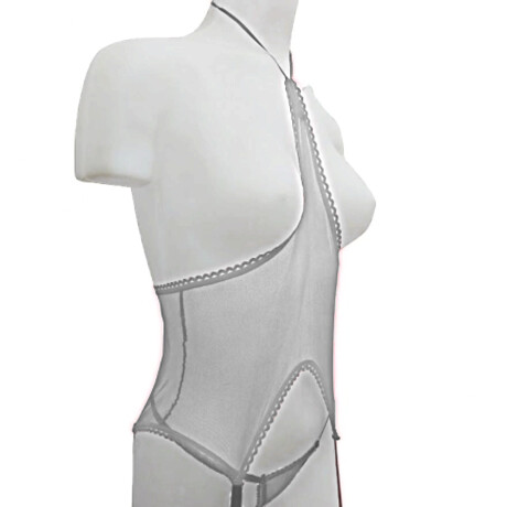 Corset De Tul Sin Tazas Con Portaligas Y Tanga Blanco
