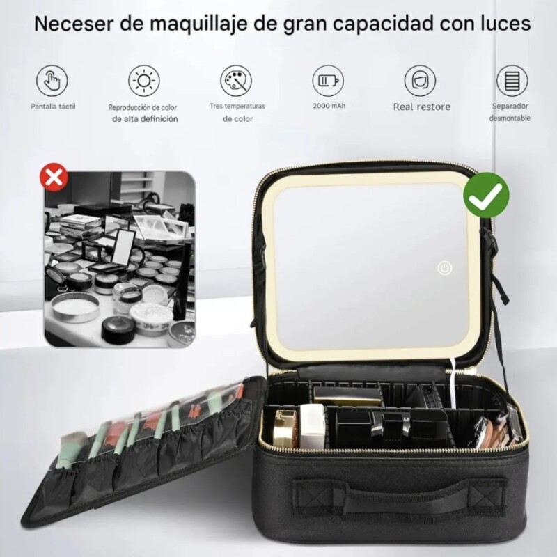 Maletín organizador de Comesticos con Espejo Led Negro Maletín organizador de Comesticos con Espejo Led Negro