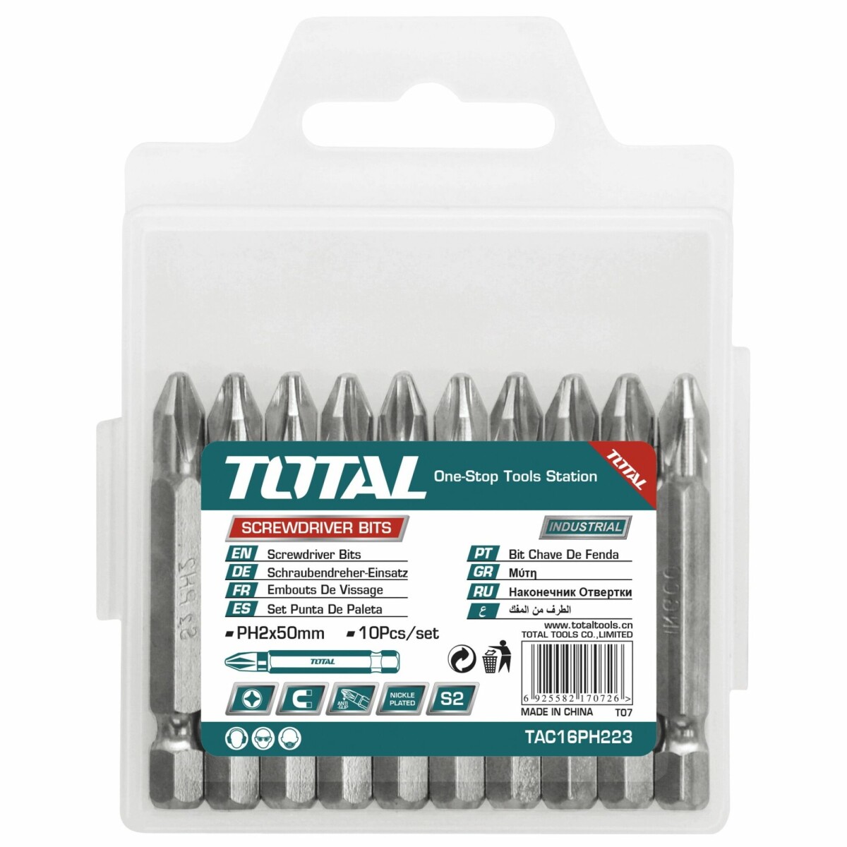 Set de 10 Puntas para Destornillador PH2 x 50mm Industrial Total 