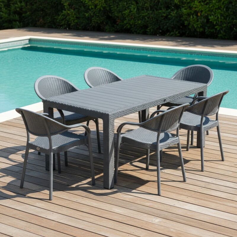 Juego de jardín 6 sillas Bambú con apoya brazo + mesa 90x150 GRIS