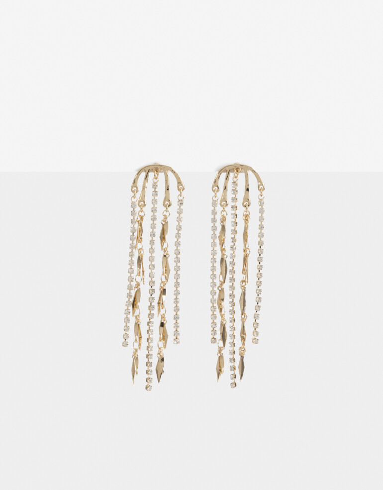 Aros Colgantes Largos Strass Aros Largos Cadenas Y Strass - Dorado