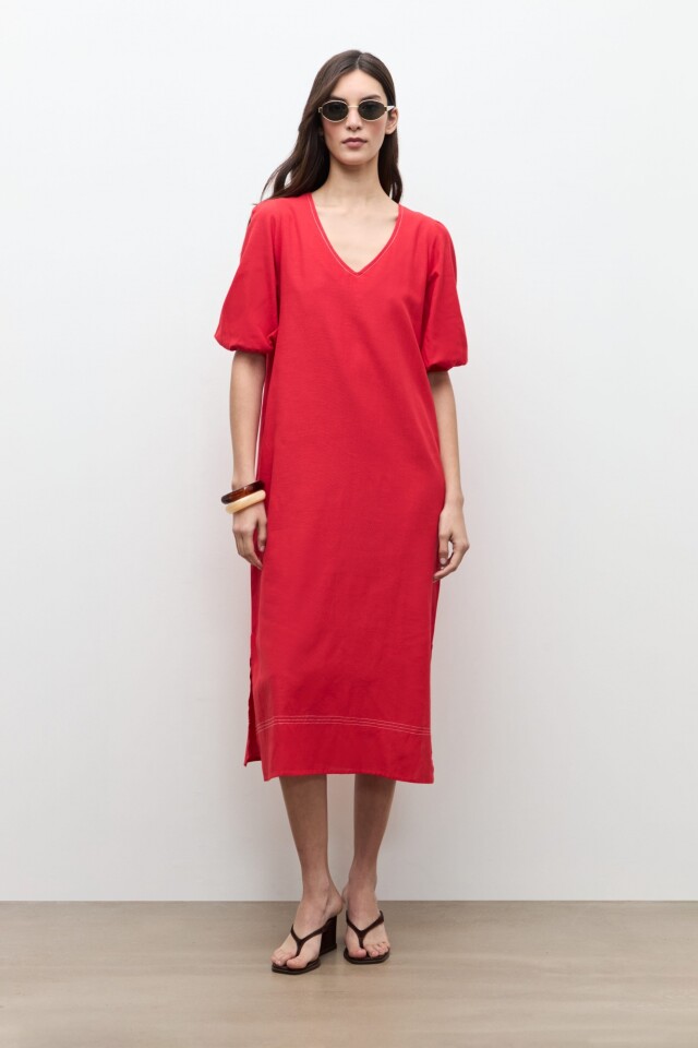 Maxi vestido mangas abullonadas rojo