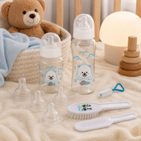 Set Evenflo 2 Mamaderas 120/240ml + Tetinas + Peine Cepillo Blanco