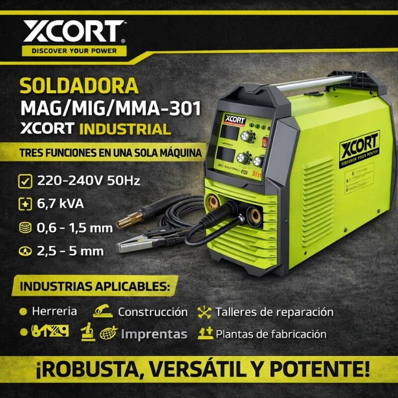 XCORT SOLDADORA INVERTER 3EN1 MIG/MAG/MMA 301A Xcort Soldadora Inverter 3en1 Mig/mag/mma 301a