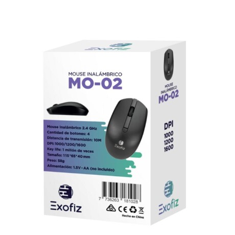 Mouse Inalámbrico Exofiz Mo-02 Hasta 1600Dpi Ub NEGRO