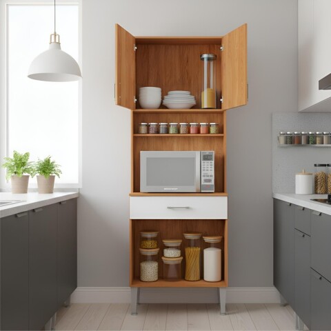 Mueble Alacena de Cocina Organizador para Microondas con Nicho y Cajón 168 x 60 cm - Cinamomo / Blanco Mueble Alacena de Cocina Organizador para Microondas con Nicho y Cajón 168 x 60 cm - Cinamomo / Blanco