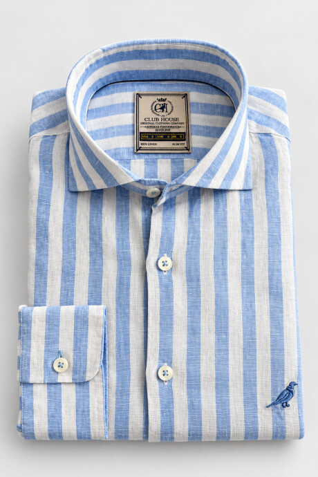 Camisa Lino Hudson Collar Rayas Celeste Bahía
