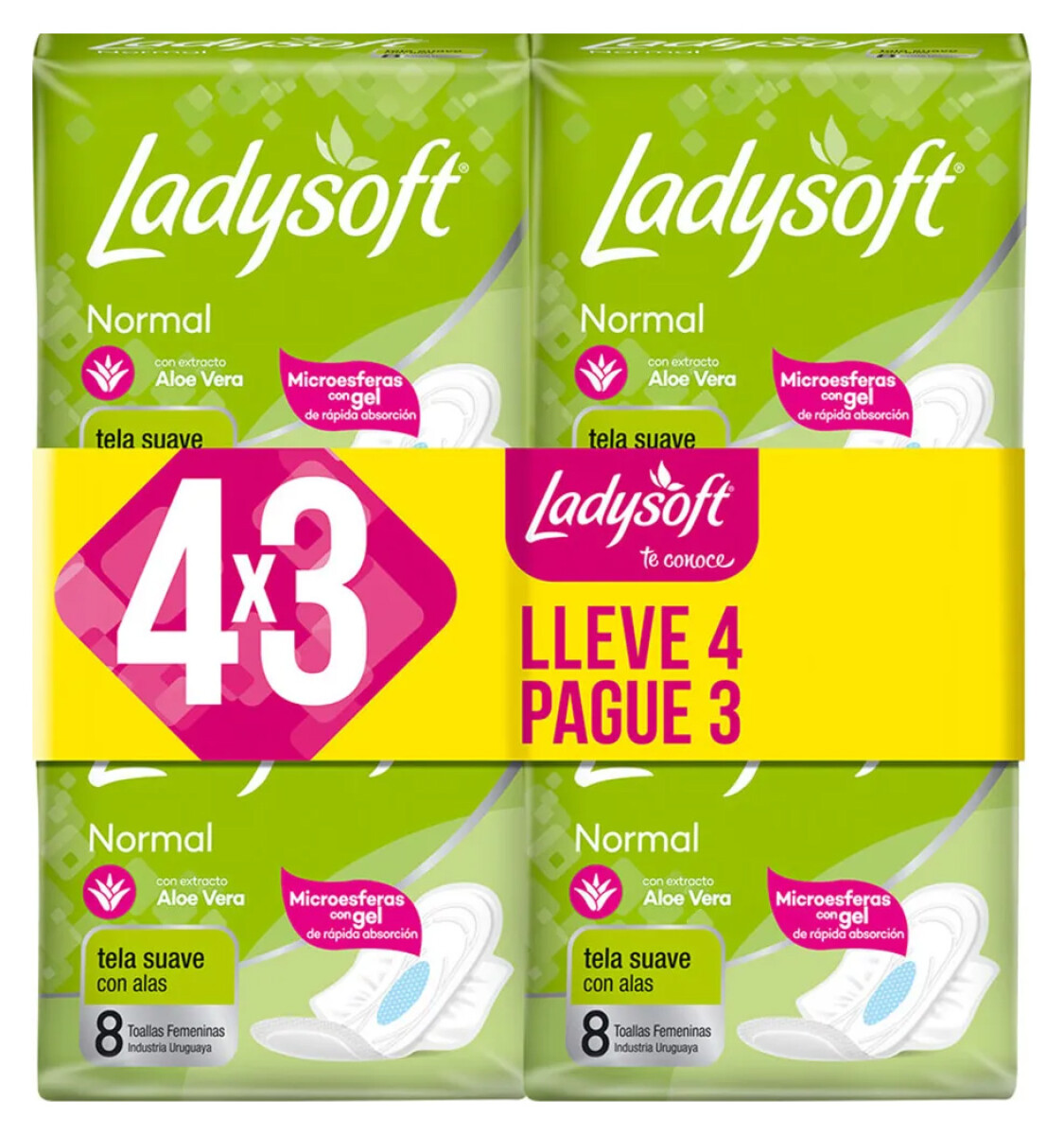 PACK TOALLAS FEMENINAS LADYSOFT NORMAL 8 UNID 4X3 C/ALAS TELA SUAVE 