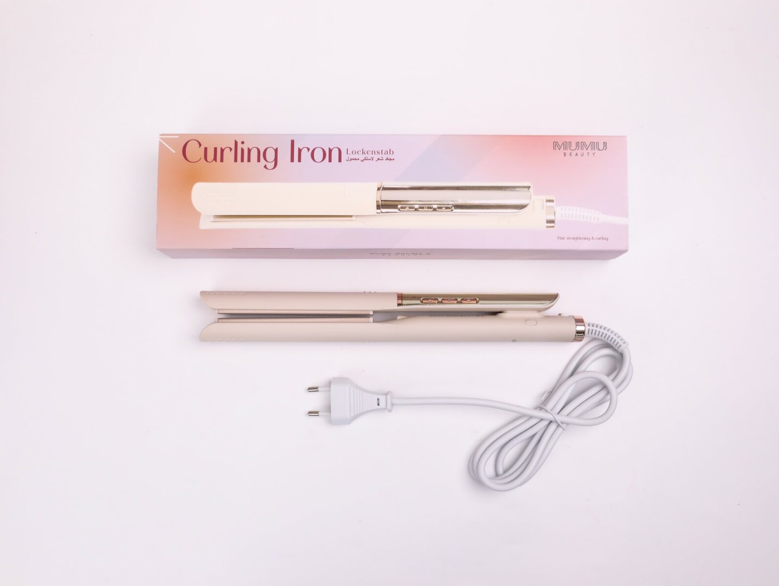 PLANCHA PARA CABELLO CON IONES NEGATIVOS COLOR BEIGE Y ENCHUFE EUROPEO. 