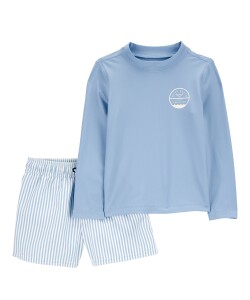 Traje de baño dos piezas, protección UPF 50+, manga larga, azul Traje de baño dos piezas, protección UPF 50+, manga larga, azul