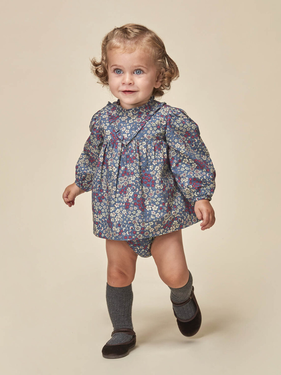 Vestido Flores Con Volante Azul Viejo