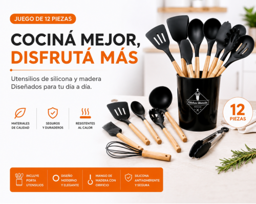 Set de Utensilios de Cocina de Silicona y Madera x12 Negro