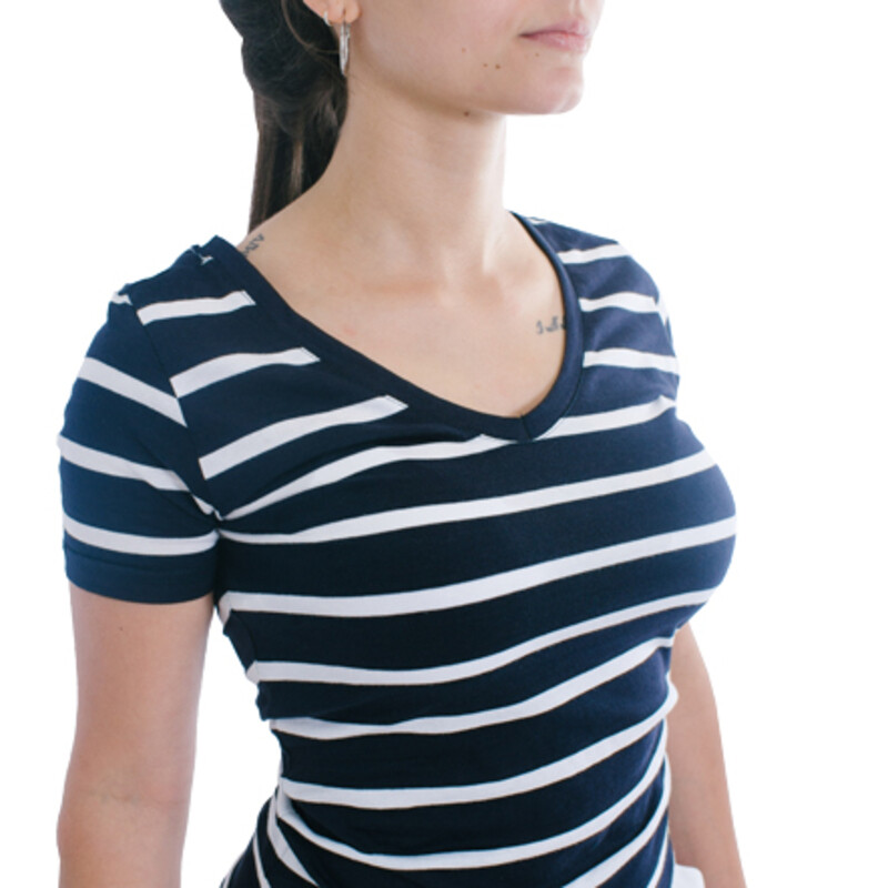 Muvem Ladies V Neck With Stripes T-Shirt Marino-blanco