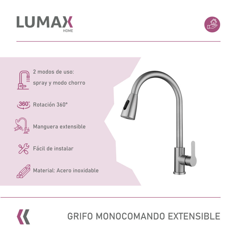 Grifo de cocina gourmet extensible de una sola manija Gris Inox