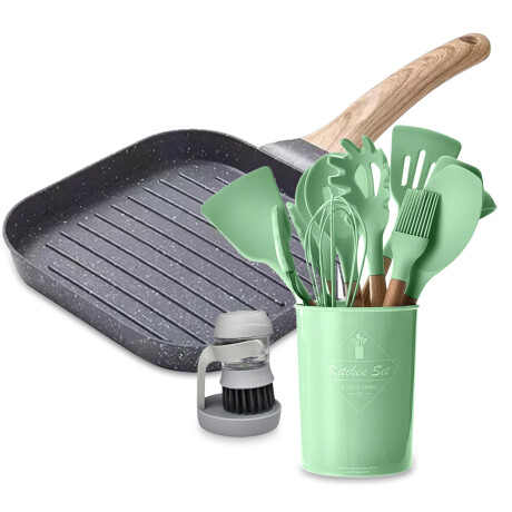 Set Sartén Multifunción + Utensillos 12Pzs + Cepillo pLavado Gris