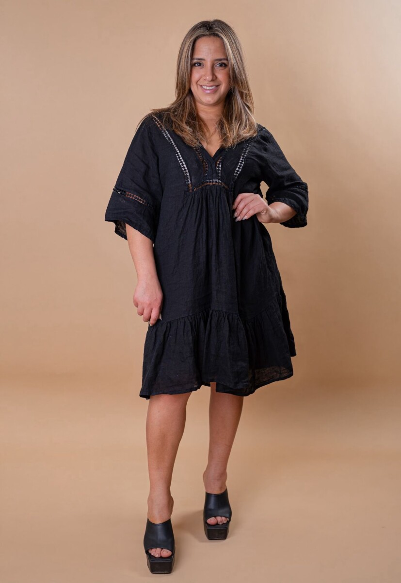 Vestido 100% lino con broderie - NEGRO 