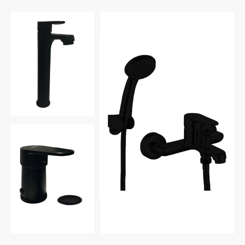 JUEGO DE GRIFERIA LAVATORIO ALTO DUCHA EXTERIOR Y GRIFERIA DE BIDET NEGRO