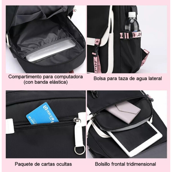Pack x3 Mochila Kawaii Impermeable Usb Multuso Resistente Variante Color Negro