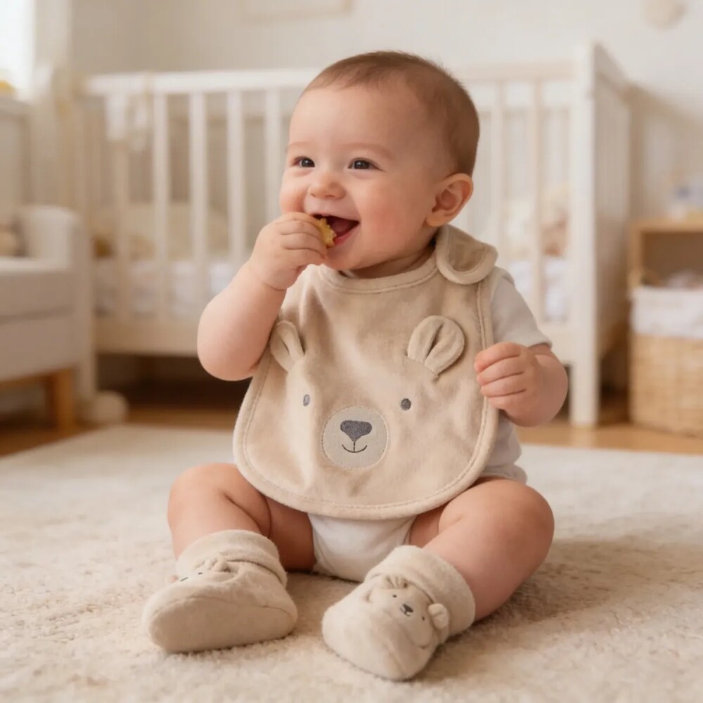 Set babero y zapatitos primer muda Carters beige