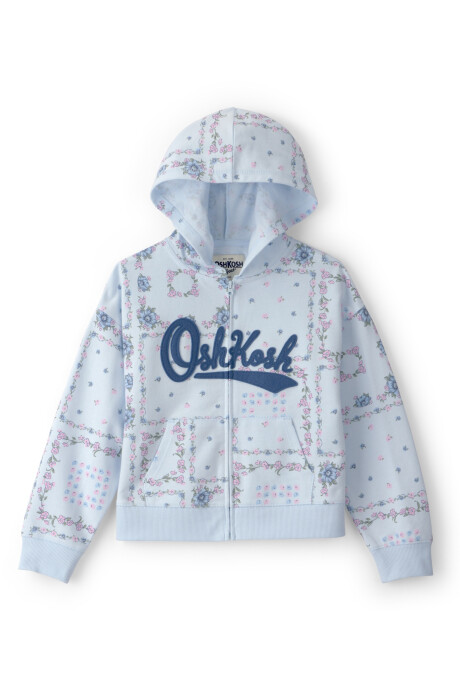 Campera de algodón, azul, con capucha y logo, diseño floral Sin color