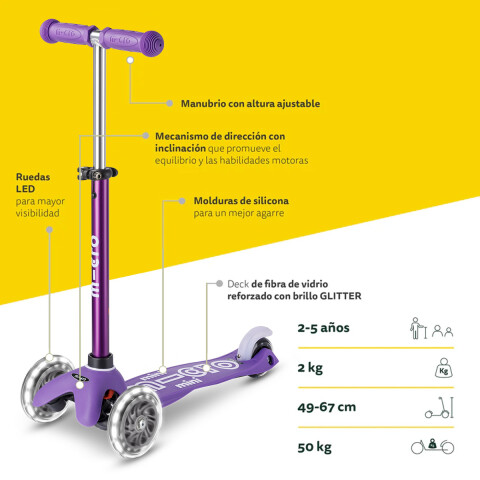 Monopatín Micro Mini Deluxe LED Ajustable con 3 Ruedas PURPURA
