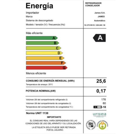Heladera JAMES RJ 275 INV 236 Lt Blanco