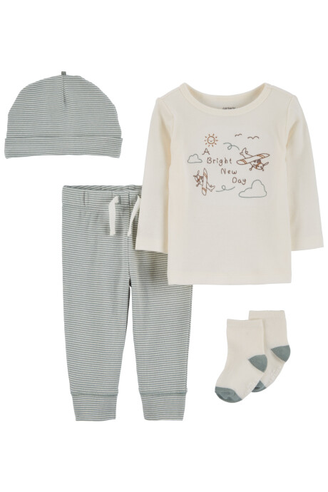 Set cuatro piezas de algodón, pantalón, remera, medias y gorro, diseño aviones Sin color