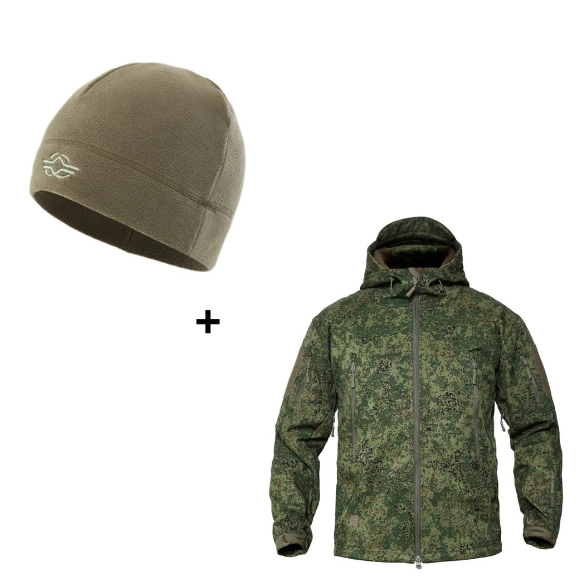 Combo Campera Tácticas Impermeable + Gorro Micro Polar - Pixelado verde 
