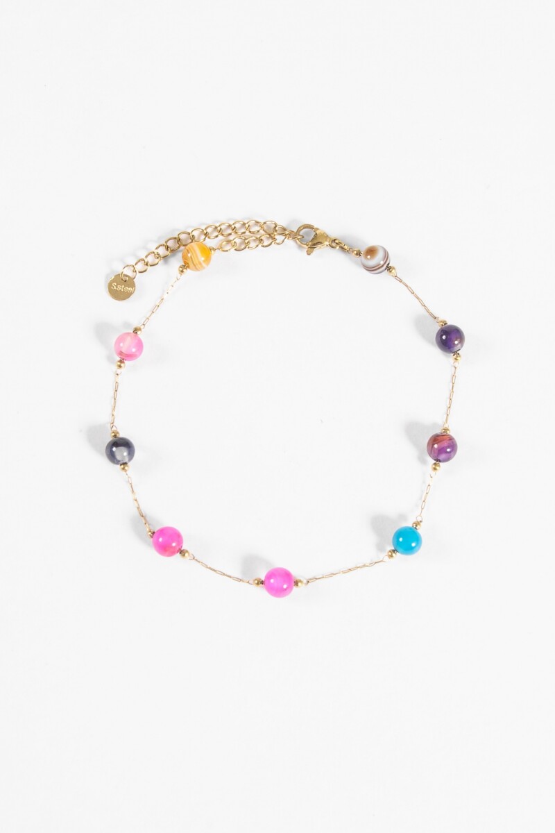 Tobillera acero cuentas piedra dorado