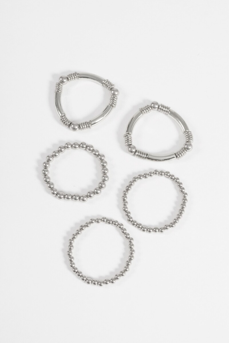 Set de 5 pulseras elásticas de cuentas plateado