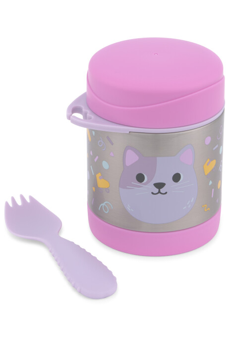 Tupper de acero inoxidable con cubierto, diseño gato Tupper de acero inoxidable con cubierto, diseño gato