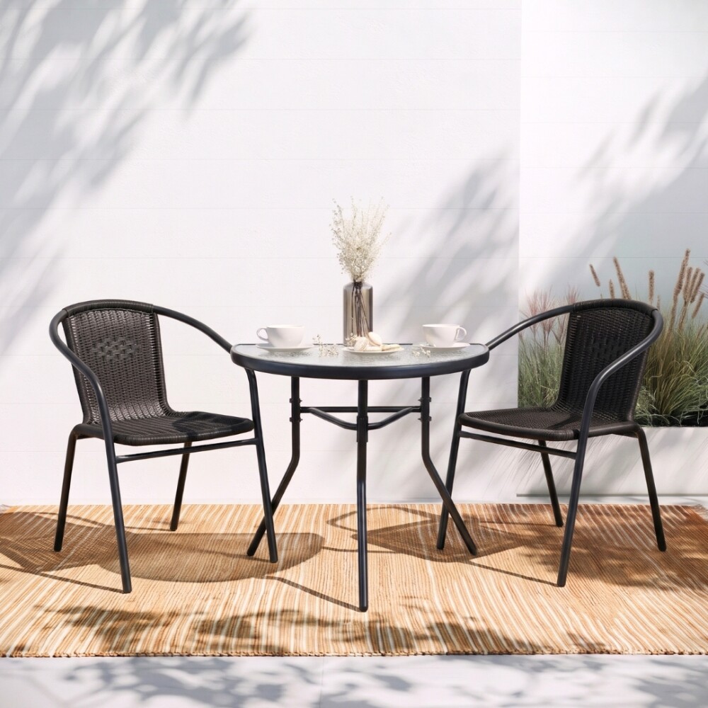 Set De Jardín Mesa De Vidrio + 2 Sillas Símil Rattan Negro