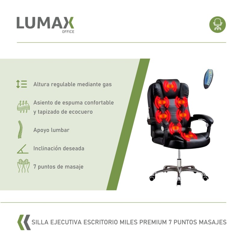 Silla Ejecutiva en cuero Lumax Modelo Miles con 7 Puntos de Masaje Negro