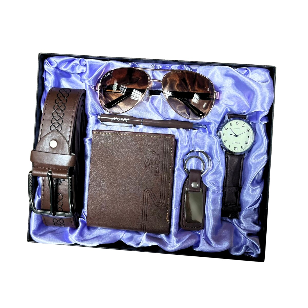 Pack Caballero Reloj Billetera Boligrafo Cinturón Llavero - MARRON 