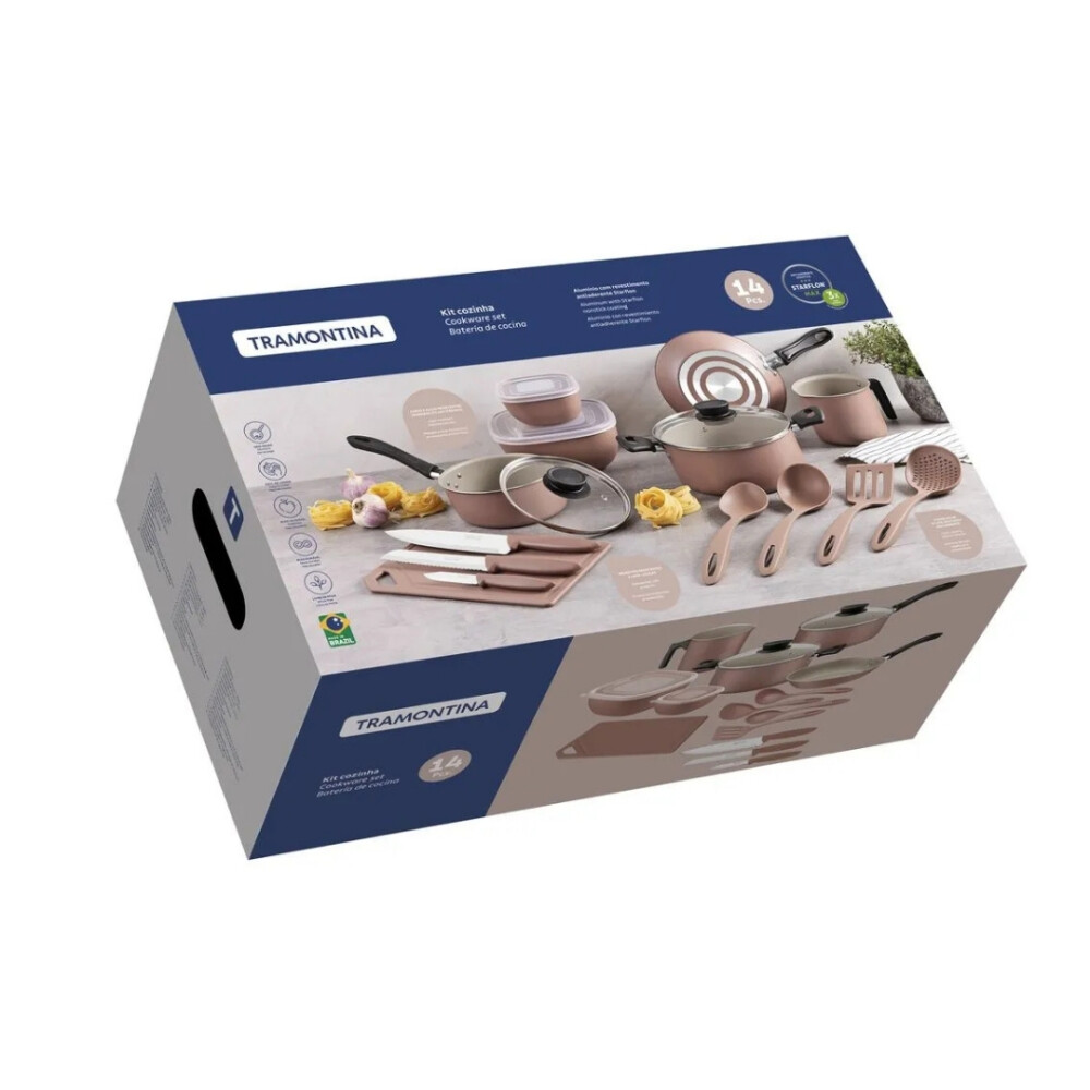 JUEGO DE OLLAS TRAMONTINA 14PIEZAS ANTIADHE STARFLON MAX MOCACCINO Unica