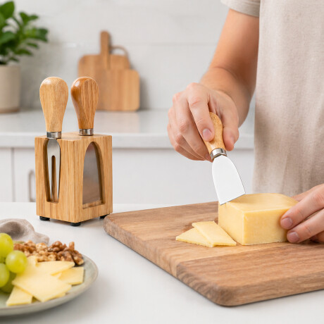 Set de cuchillos para queso con soporte magnético de bambú - 6x8cm Sc