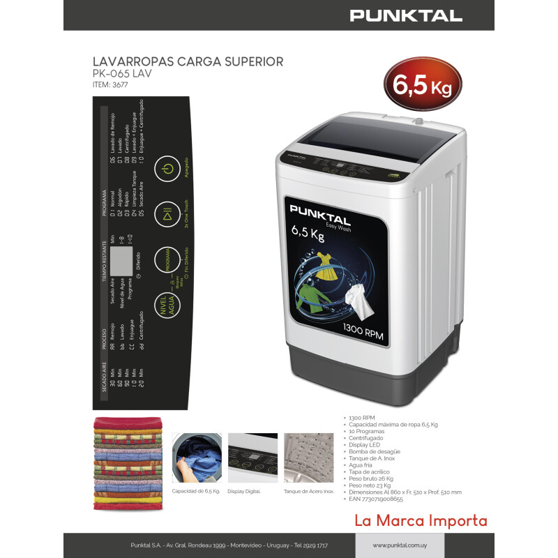 Lavarropas Punktal Carga Superior 6,5 Kg 1300 Rpm Color Blanco Lavarropas Punktal Carga Superior 6,5 Kg 1300 Rpm Color Blanco