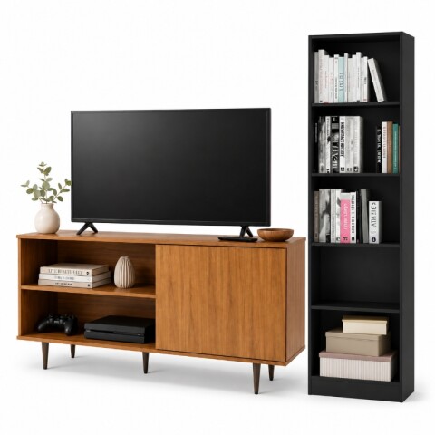 Combo de living Rack de Tv PADUA y Biblioteca Multiusos Anita - Combinado Freijo y Negro Combo de living Rack de Tv PADUA y Biblioteca Multiusos Anita - Combinado Freijo y Negro
