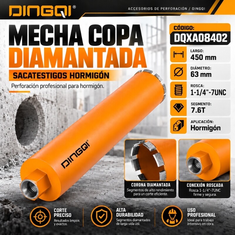 DINGQI MECHA COPA DIAMANTADA SACATESTIGOS HORMIGON 63x450MM 6D ROSCA 1-1/4 Dingqi Mecha Copa Diamantada Sacatestigos Hormigon 63x450mm 6d Rosca 1-1/4