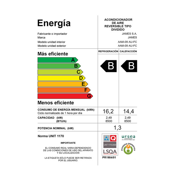 Aire Acondicionado James Aam-18 Au-fc 18.000 Btu AIRE ACOND. JAMES 18000 BTU 71018 AP