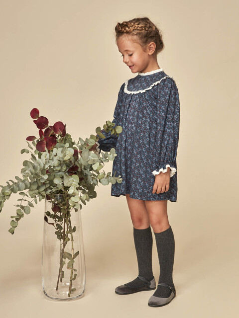Vestido Smart Estampado Con Tira Bordada Azul Medio Oscuro