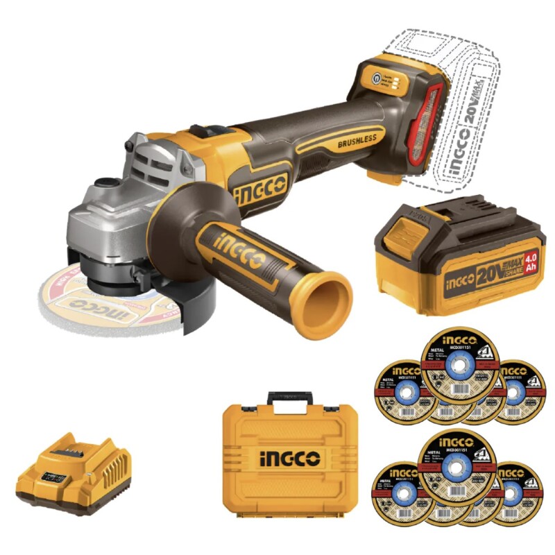 Kit INGCO Amoladora a Batería 20V BL + Valija CAGLI211541 Kit INGCO Amoladora a Batería 20V BL + Valija CAGLI211541