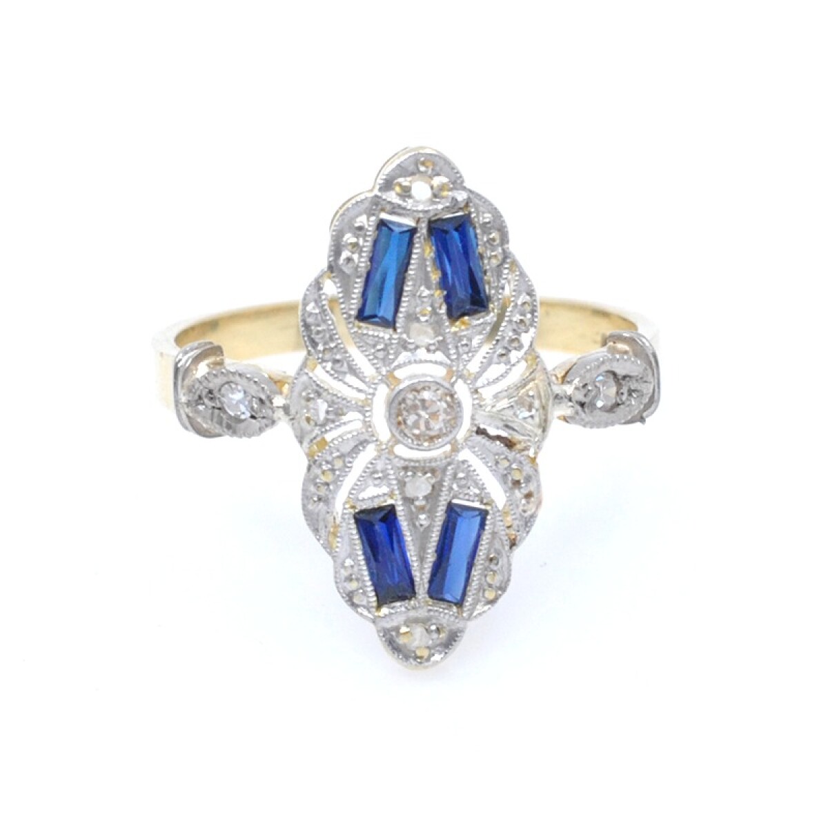 Anillo en oro 18k , brillantes, diamantes y zafiros sintéticos 