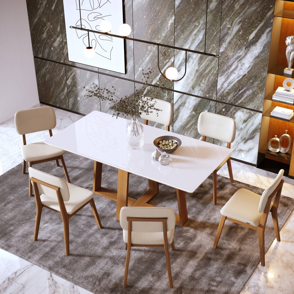 Mesa de Comedor Rectangular 1.6 Vidrio Blanco/Natural - Wood Mesa de Comedor Rectangular 1.6 Vidrio Blanco/Natural - Wood