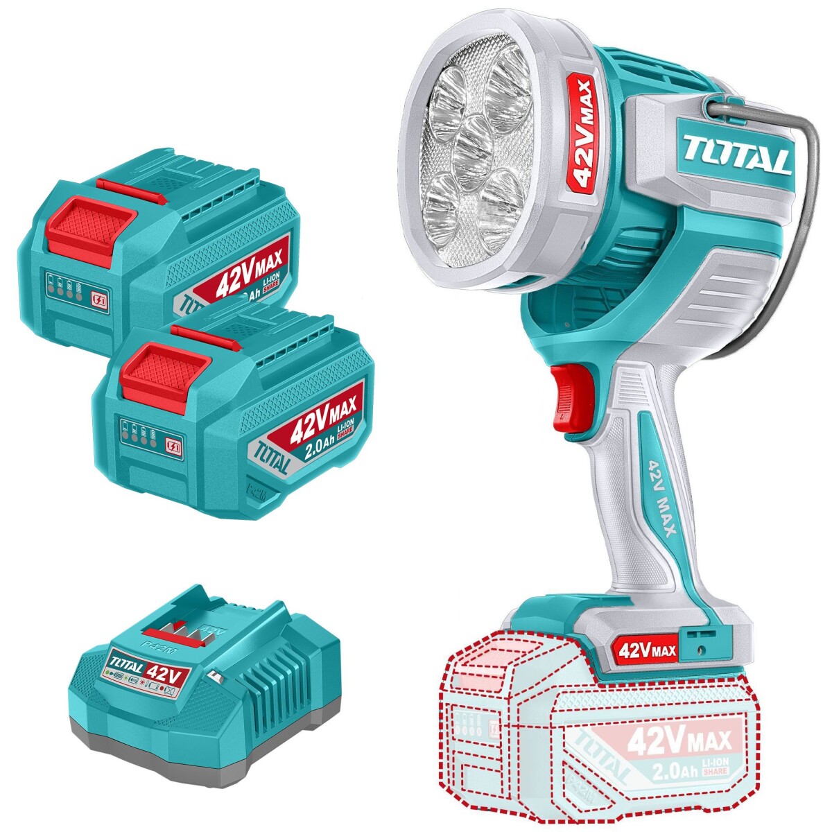 Foco, Linterna De Trabajo Inalámbrica 42v - 2 Baterías 2.0Ah Y Cargador 