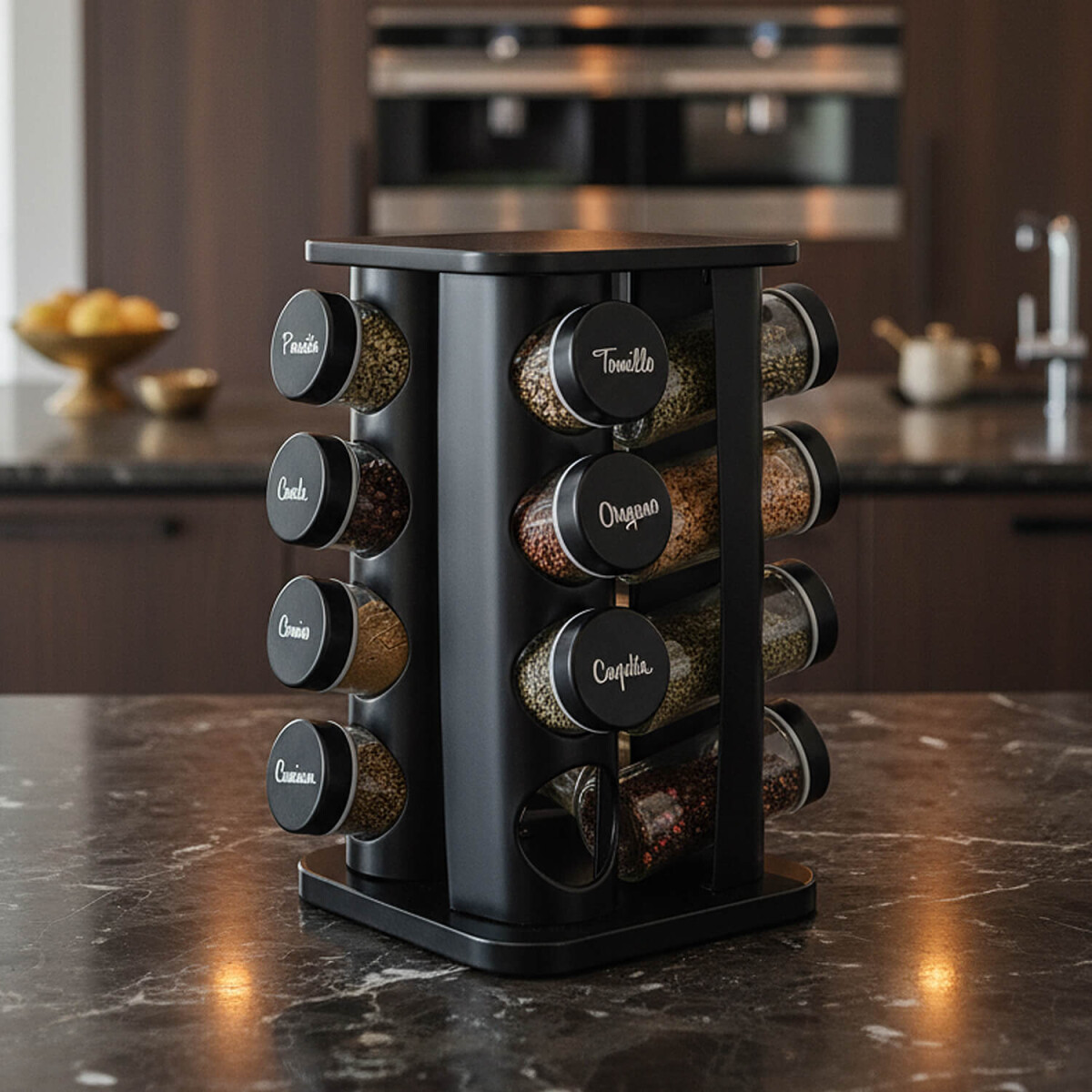 Especiero Giratorio 16 Frascos Vidrio Para Condimentos Cocina Acero Inoxidable Imback Negro 
