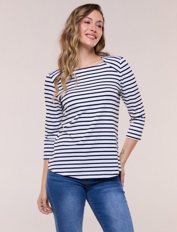 Remera Escote Bote Con Manga 3/4 Raglán BLANCO/NEGRO