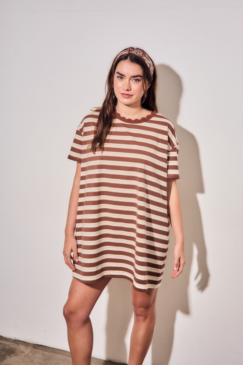 Vestido Manga Corta Rayado - Chocolate 