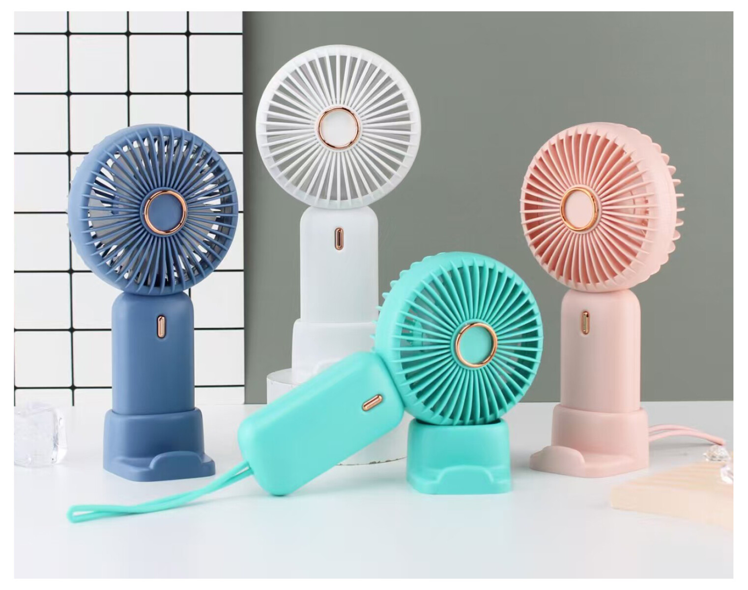 Ventilador portátil de mano con cuerda y soporte - Azul 