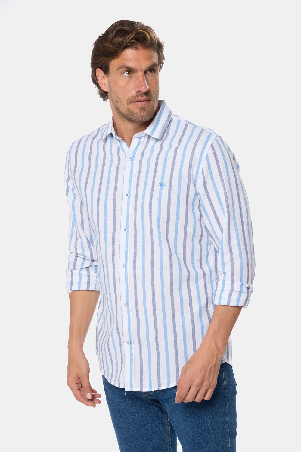 CAMISA DE LINO RAYADA Azul